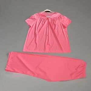 Vintage Vanity Fair 2 Pc. Pajama Set Pink  Nylon Short‎ Sleeves Womens Large USA
